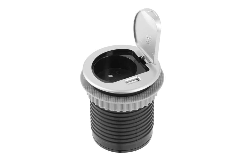 Furniture socket CHARGER MINI, Ø60 mm, 1xSHUKO, 1xUSB-A 2.4A, cable 1.9 m, aluminum
