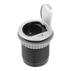 Furniture socket CHARGER MINI, Ø60 mm, 1xSHUKO, 1xUSB-A 2.4A, cable 1.9 m, aluminum