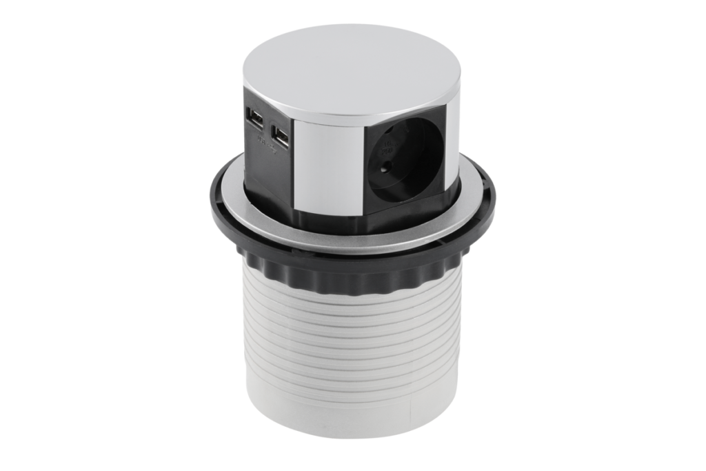 Furniture socket COMFORT, Ø100 mm, 3xSHUKO, 2xUSB-A, 2.4A, cable 1.5 m, aluminum