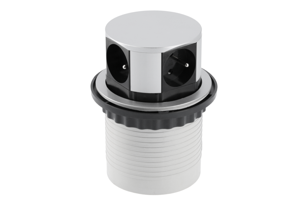 RECESSED desktop extension cable COMFORT 100mm, 4x socket with grounding, alu, cable 1,5m