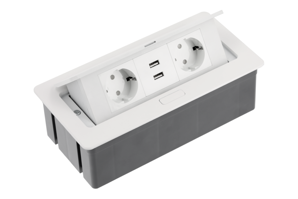Furniture socket SOFT, 2xSHUKO, 2xUSB-A 2.1A, cable 1.5 m, white