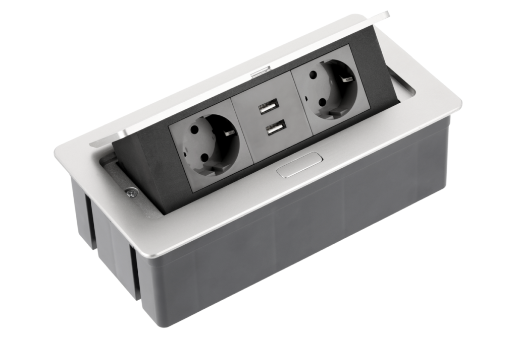 Furniture socket SOFT, 2xSHUKO, 2xUSB-A 2.1A, cable 1.5 m, aluminum
