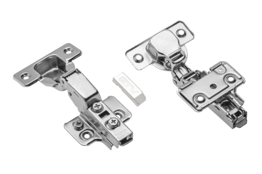 Hydraulic cup hinge semiconcealed with eccentric adjustment of arm and roller, with short cylinder with euro screws