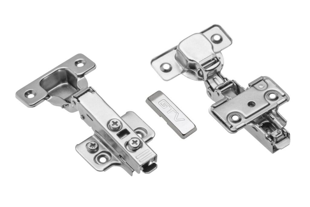 Hydraulic cup hinge straight with eccentric adjustment of arm and roller, with short cylinder with euro screws