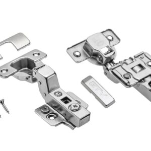 Hydraulic hinge recessed, with eccentric adjustment on the arm and on the slide, H=0, without direct fixing screws
