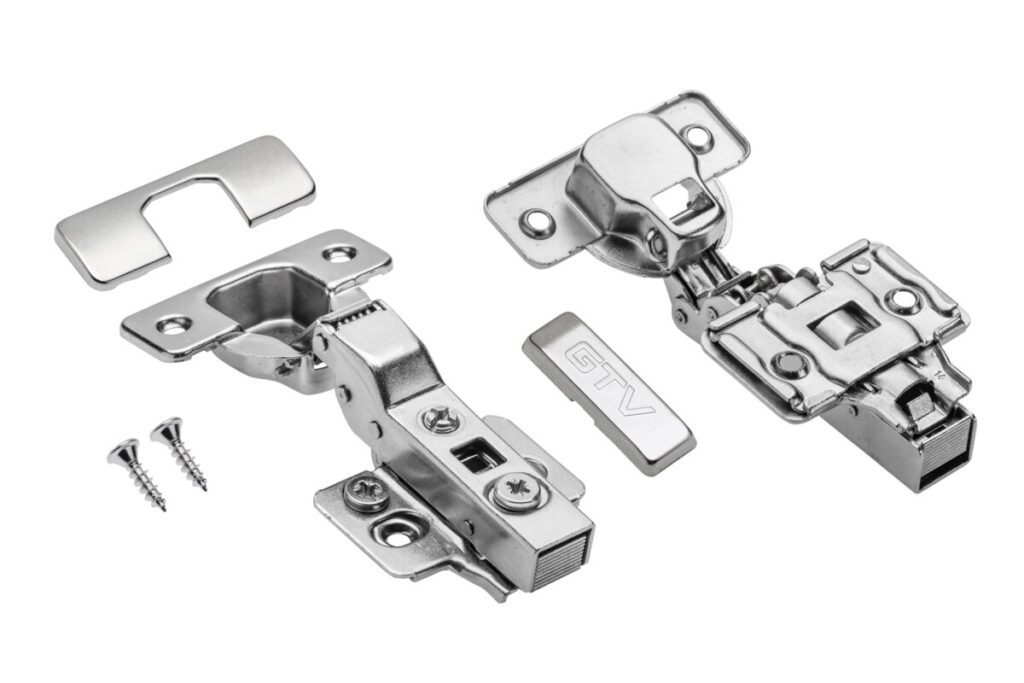 Hydraulic hinge half-recessed, with eccentric adjustment on the arm and on the slide, H=0, without direct fixing screws