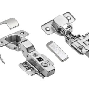 Hydraulic hinge half-recessed, with eccentric adjustment on the arm and on the slide, H=0, without direct fixing screws