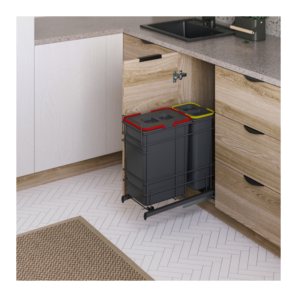 Waste container 300 + Running system bottom for hinge